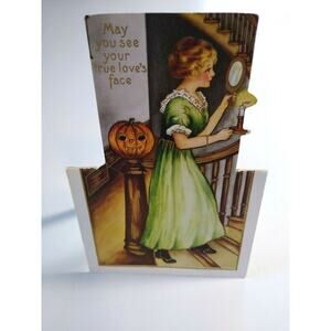 Victorian Halloween Postcard Whitney Die-Cut Standup Women On Staircase Unused